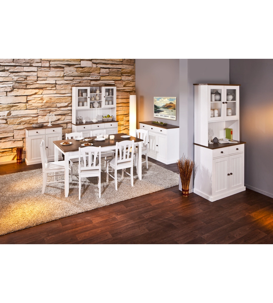 BUFFET CON 3 ANTE E 3CASSETTI IN PINO BIANCO + TOP E FINITURE MARRONE DIM. 131x45x86H.
