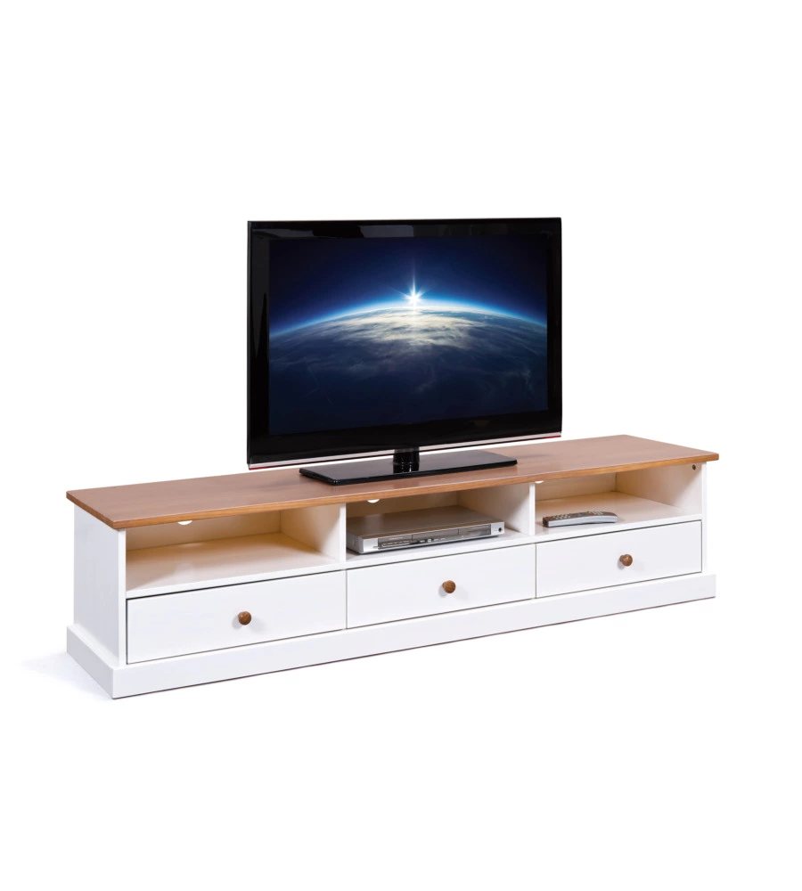 PORTA TV IN PINO MASSELLO BIANCO E NOCE 3 CASSETTI, 180X45,5X41 CM