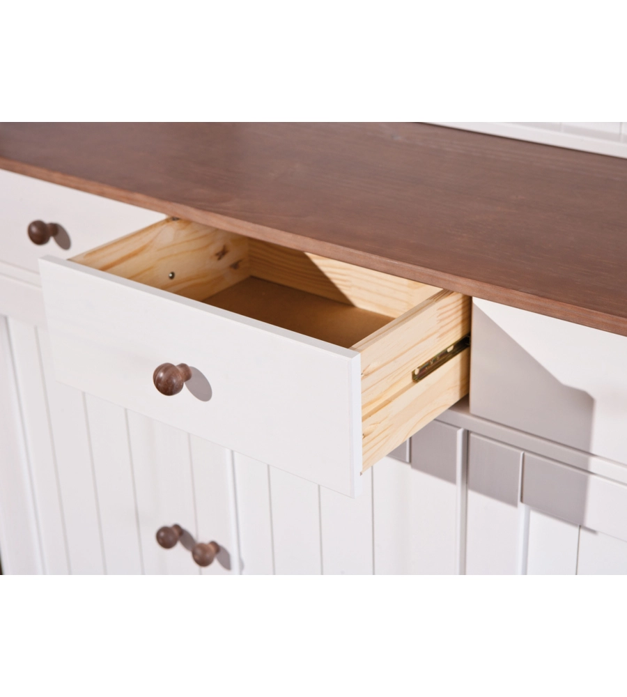 CREDENZA 3+2 ANTE + 3 CASSETTI PINO MASSELLO BIANCO E TOP MARRONE.