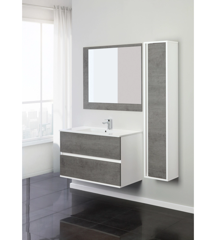 MOBILE BAGNO SOSPESO "FABULA" 2 CASSETTI BIANCO E CEMENTO, 90X47X57 CM