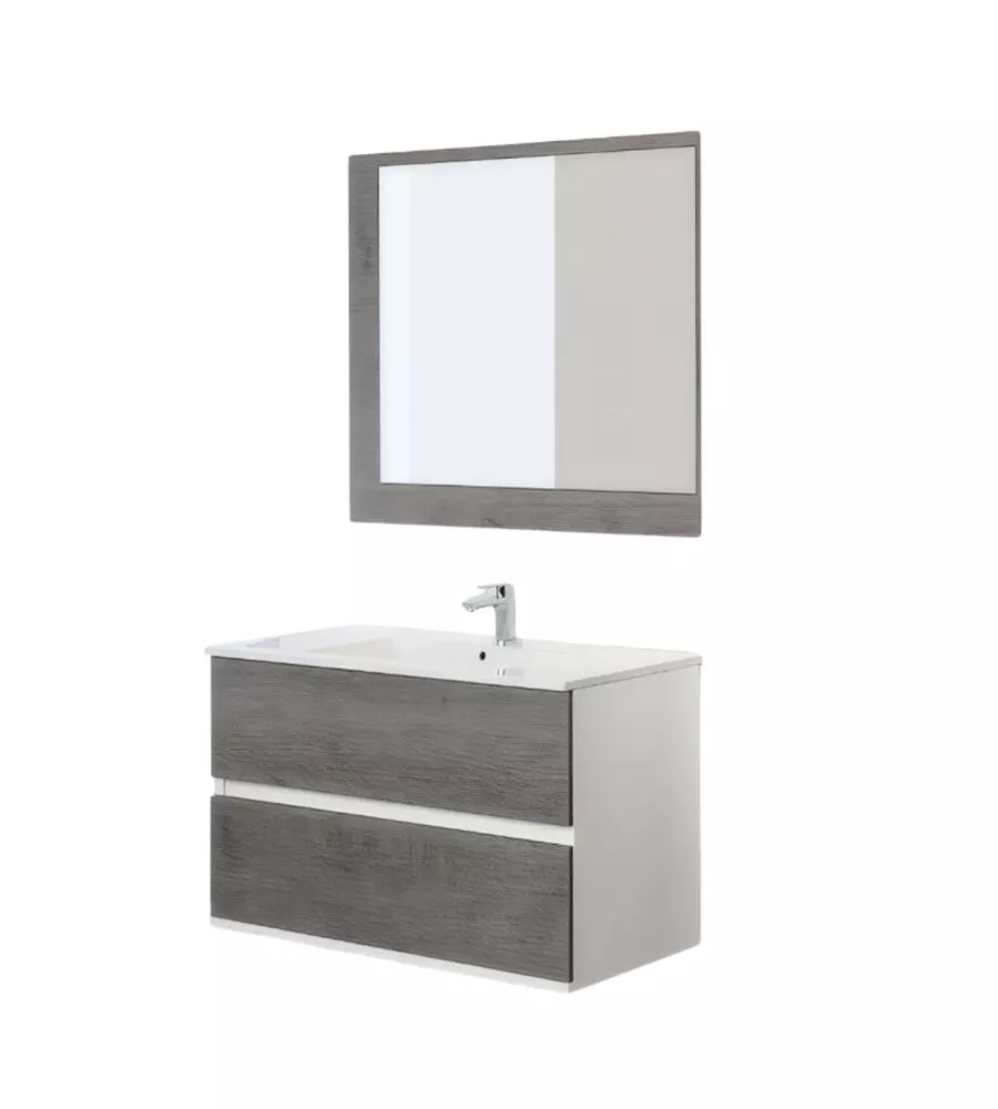 MOBILE BAGNO SOSPESO "FABULA" 2 CASSETTI BIANCO E CEMENTO, 90X47X57 CM
