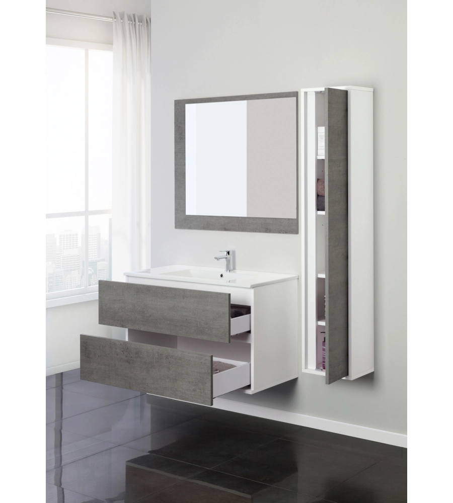 MOBILE BAGNO SOSPESO "FABULA" 2 CASSETTI BIANCO E CEMENTO, 90X47X57 CM