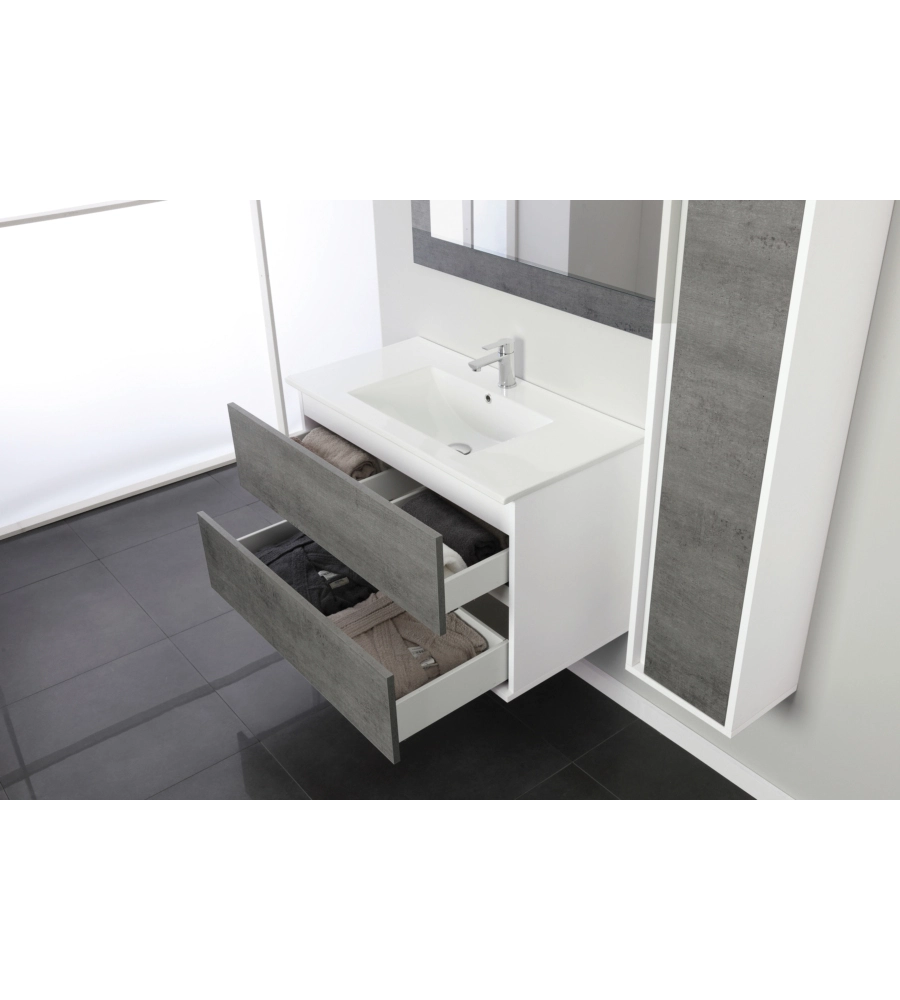 MOBILE BAGNO SOSPESO "FABULA" 2 CASSETTI BIANCO E CEMENTO, 90X47X57 CM
