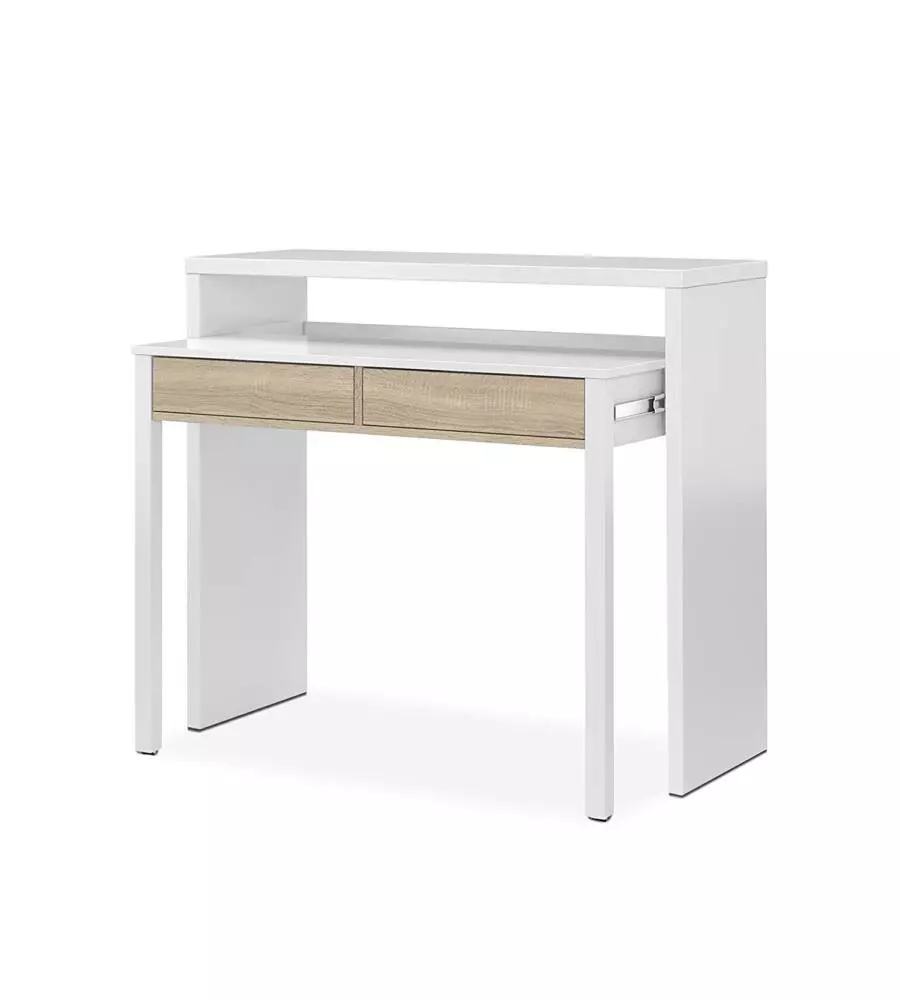 SCRIVANIA CONSOLLE ESTENSIBILE BIANCA CON CASSETTI ROVERE