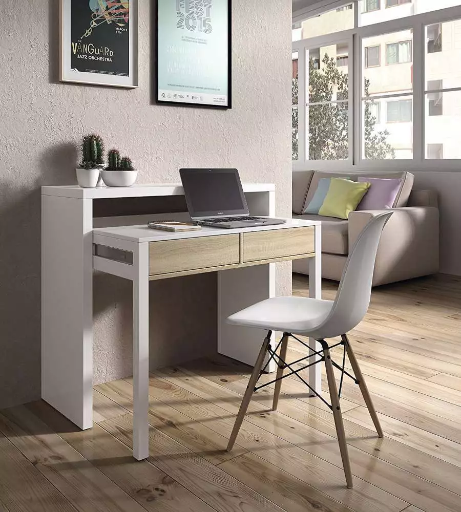SCRIVANIA CONSOLLE ESTENSIBILE BIANCA CON CASSETTI ROVERE