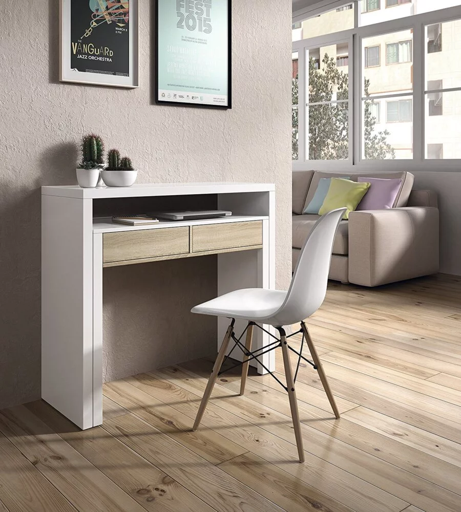 SCRIVANIA CONSOLLE ESTENSIBILE BIANCA CON CASSETTI ROVERE