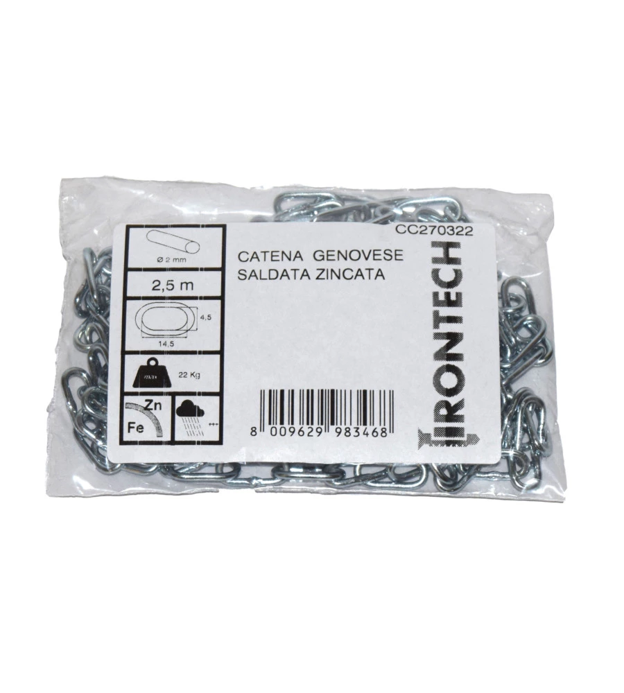 CATENA GENOVESE PRETAGLIATA Ø 2 MM. IN ACCIAIO ZINCATO 2,5 MT.