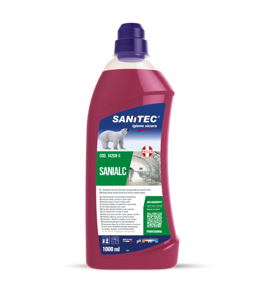 DETERGENTE ALCOLICO UNIVERSALE ANTIBATTERICO PER SUPERFICI DURE "SANIALC" - 1 LITRO.