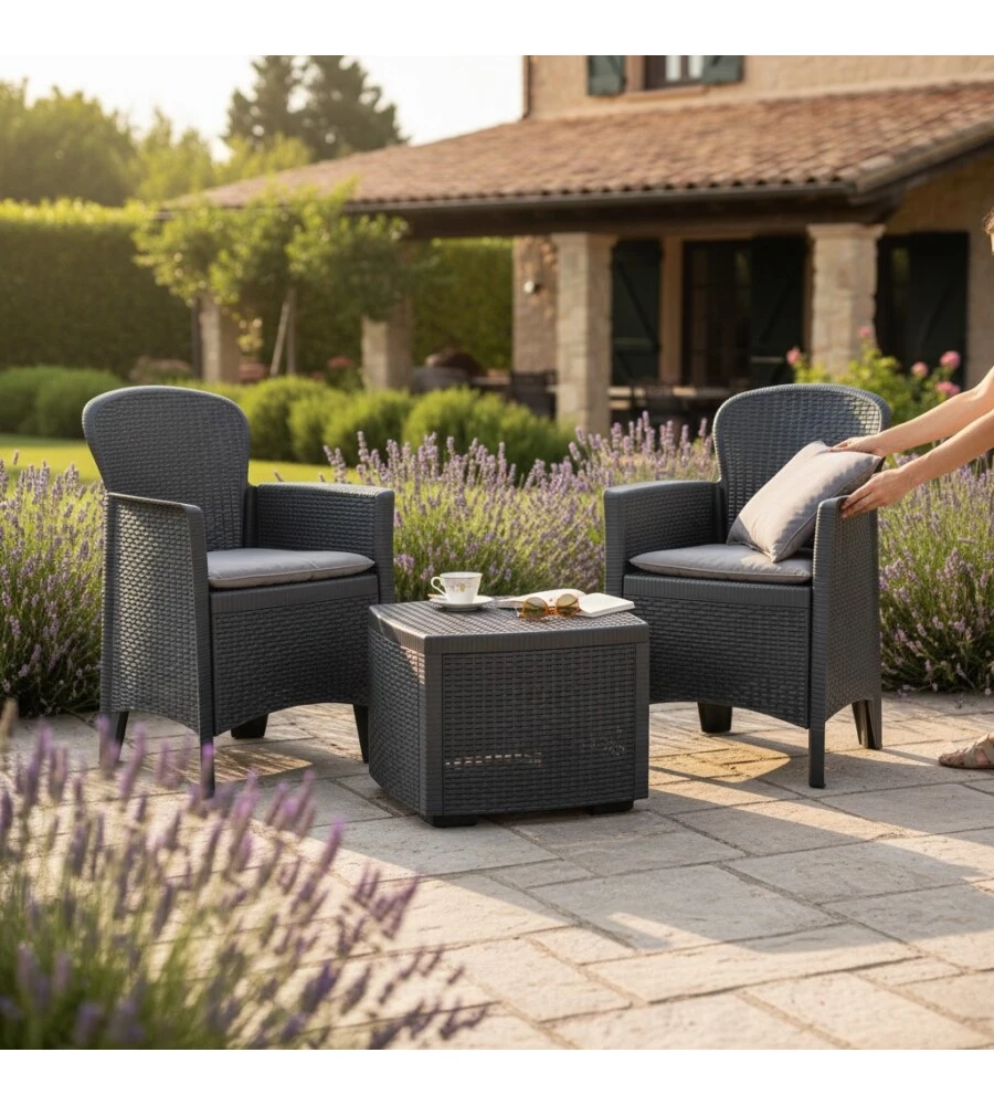 SET DA GIARDINO "TREE" IN POLIPROPILENE ANTRACITE 2 SEDUTE E TAVOLINO