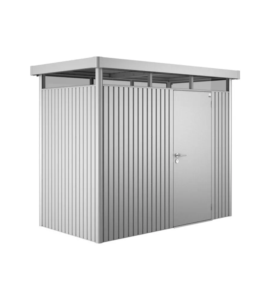 CASETTA DA GIARDINO BIOHORT "HIGHLINE H1" IN ACCIAIO ZINCATO COLORE ARGENTO METALLIZZATO CON PORTA BATTENTE SEMPLICE 275X155X222 CM - COD. 83020