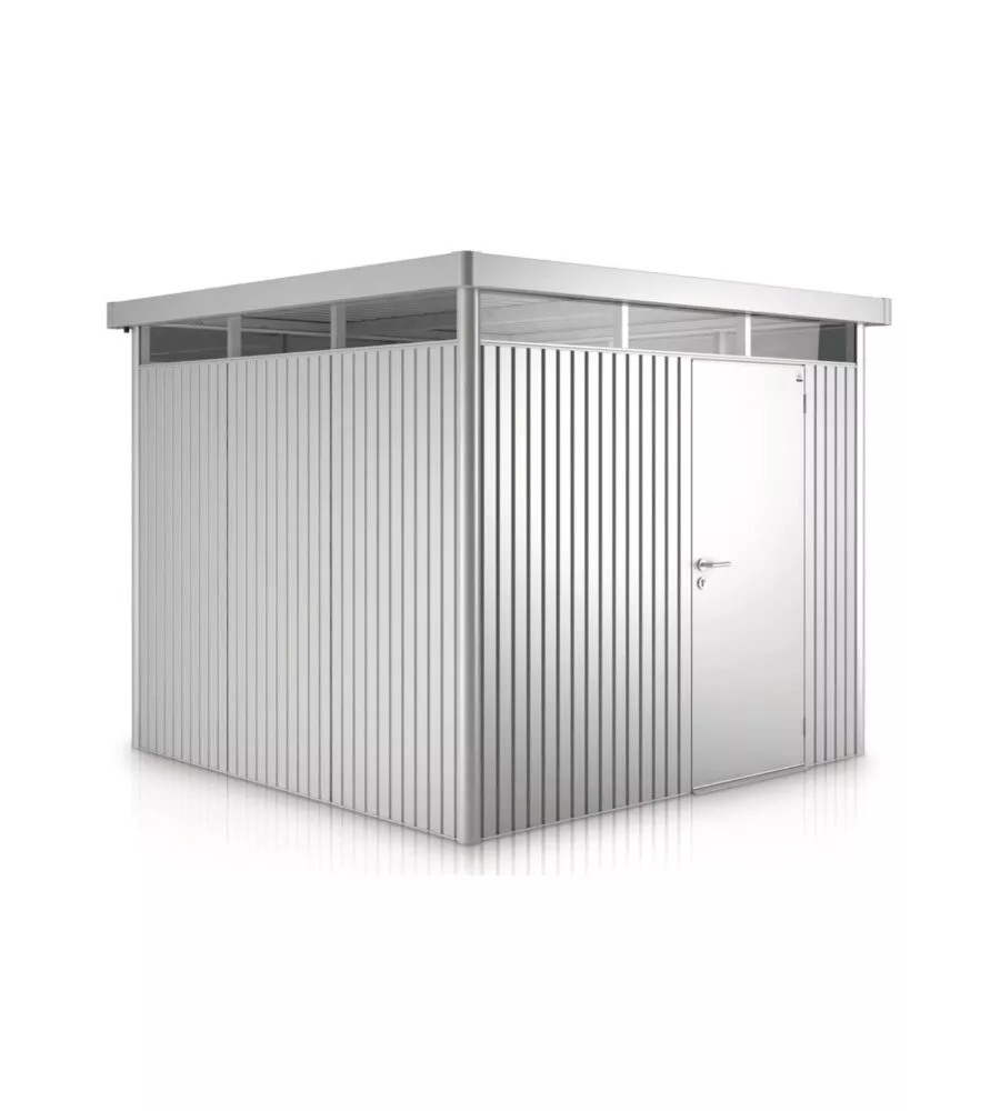 CASETTA DA GIARDINO BIOHORT "HIGHLINE H2" IN ACCIAIO ZINCATO COLORE ARGENTO METALLIZZATO CON PORTA BATTENTE SEMPLICE 275X195X222 CM - COD. 83030