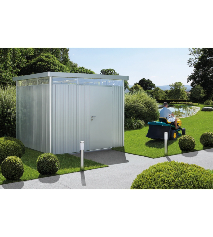 CASETTA DA GIARDINO BIOHORT "HIGHLINE H4" IN ACCIAIO ZINCATO COLORE ARGENTO METALLIZZATO CON PORTA BATTENTE SEMPLICE 275X275X222 CM - COD. 83050