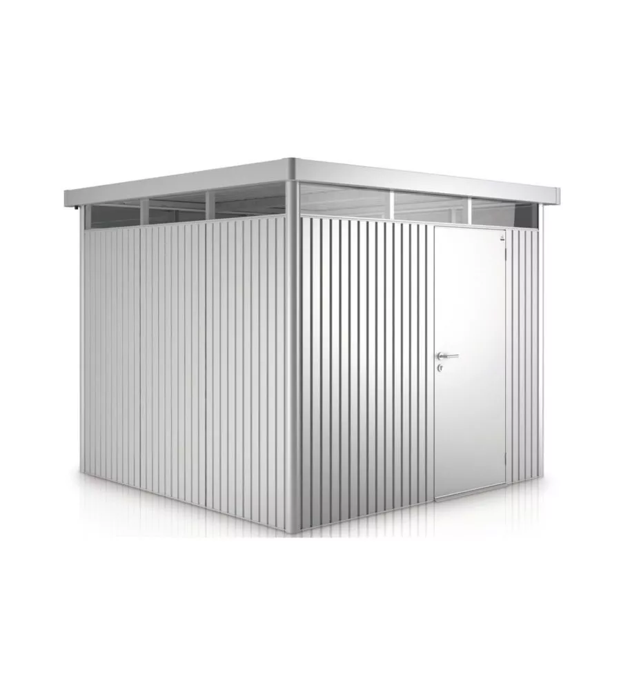 CASETTA DA GIARDINO BIOHORT "HIGHLINE H4" IN ACCIAIO ZINCATO COLORE ARGENTO METALLIZZATO CON PORTA BATTENTE SEMPLICE 275X275X222 CM - COD. 83050