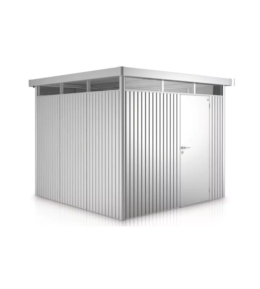 CASETTA DA GIARDINO BIOHORT "HIGHLINE H5" IN ACCIAIO ZINCATO COLORE ARGENTO METALLIZZATO CON PORTA BATTENTE SEMPLICE 275X315X222 CM - COD. 83060