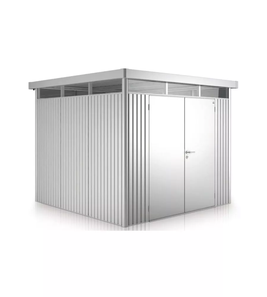 CASETTA DA GIARDINO BIOHORT "HIGHLINE H1" IN ACCIAIO ZINCATO COLORE ARGENTO METALLIZZATO CON PORTA BATTENTE DOPPIO 275X155X222 CM - COD. 83029
