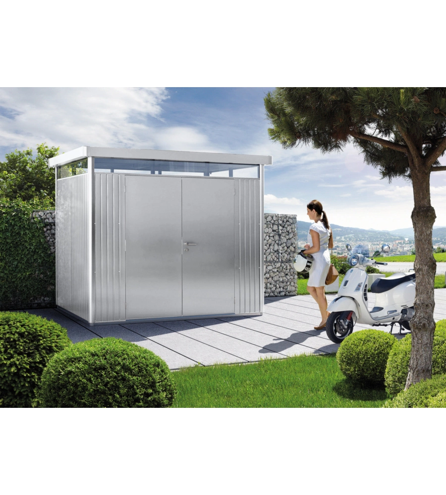 CASETTA DA GIARDINO BIOHORT "HIGHLINE H2" IN ACCIAIO ZINCATO COLORE ARGENTO METALLIZZATO CON PORTA BATTENTE DOPPIO 275X195X222 CM - COD. 83039