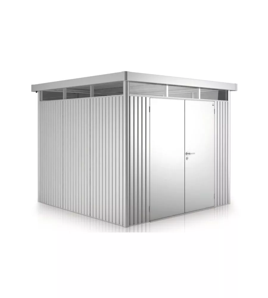 CASETTA DA GIARDINO BIOHORT "HIGHLINE H2" IN ACCIAIO ZINCATO COLORE ARGENTO METALLIZZATO CON PORTA BATTENTE DOPPIO 275X195X222 CM - COD. 83039