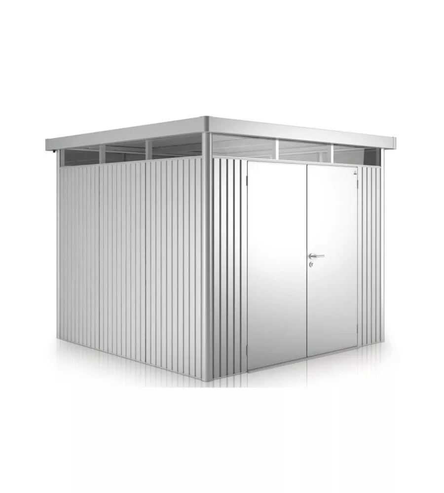 CASETTA DA GIARDINO BIOHORT "HIGHLINE H4" IN ACCIAIO ZINCATO COLORE ARGENTO METALLIZZATO CON PORTA BATTENTE DOPPIO 275X275X222 CM - COD. 83059