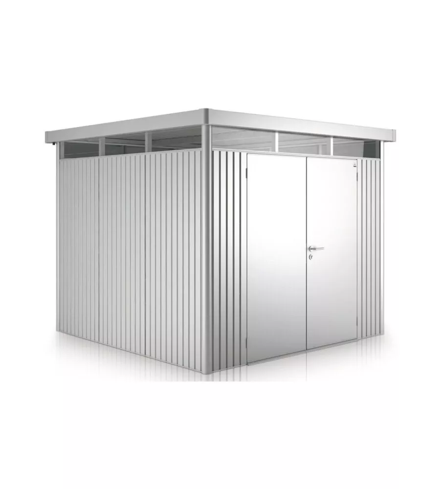 CASETTA DA GIARDINO BIOHORT "HIGHLINE H5" IN ACCIAIO ZINCATO COLORE ARGENTO METALLIZZATO CON PORTA BATTENTE DOPPIO 275X315X222 CM - COD. 83069