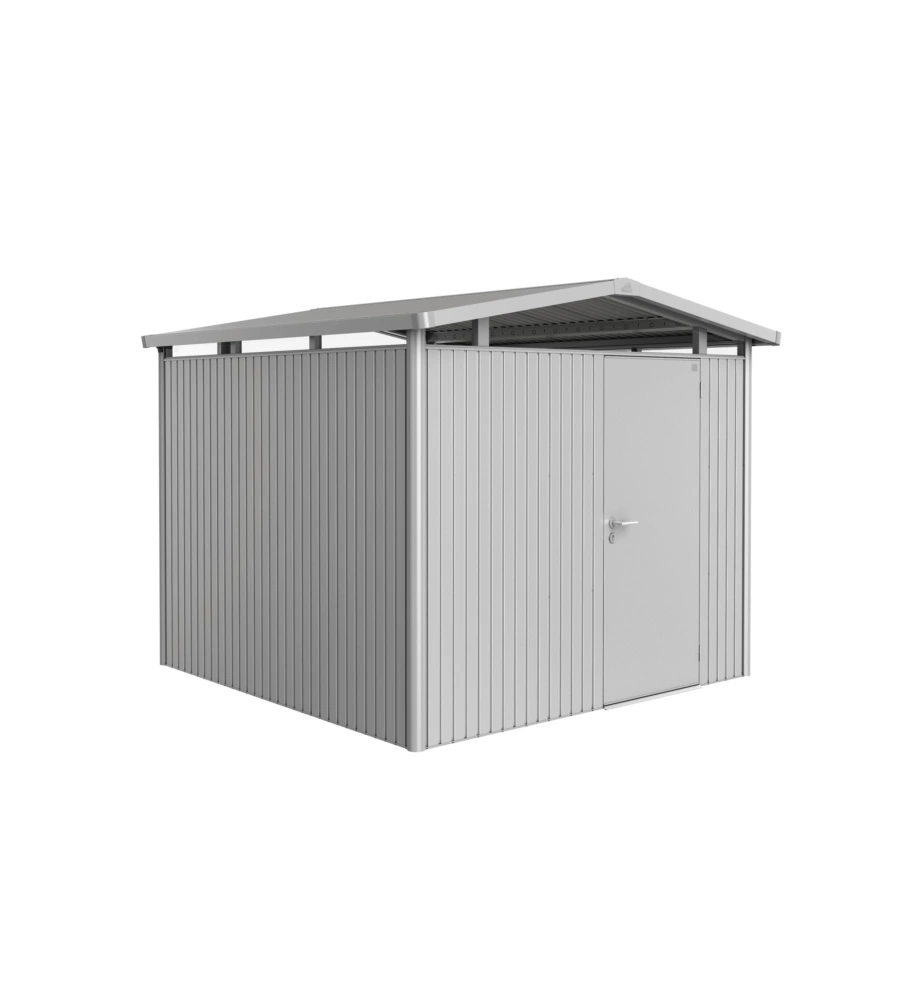 CASETTA DA GIARDINO BIOHORT "PANORAMA P4" IN ACCIAIO ZINCATO COLORE ARGENTO METALLIZZATO CON PORTA BATTENTE SEMPLICE 273X278X227 CM - COD. 13050
