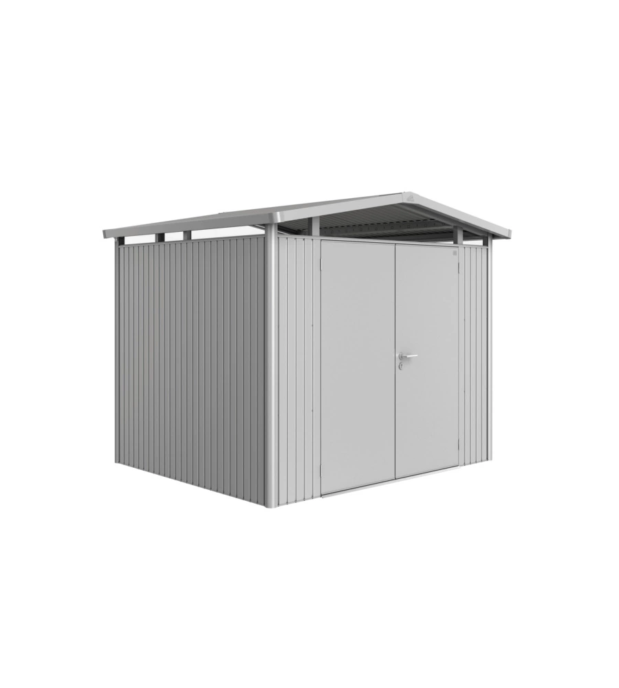 CASETTA DA GIARDINO BIOHORT "PANORAMA P3" IN ACCIAIO ZINCATO COLORE ARGENTO METALLIZZATO CON PORTA BATTENTE DOPPIO 273X238X227 CM - COD. 13049