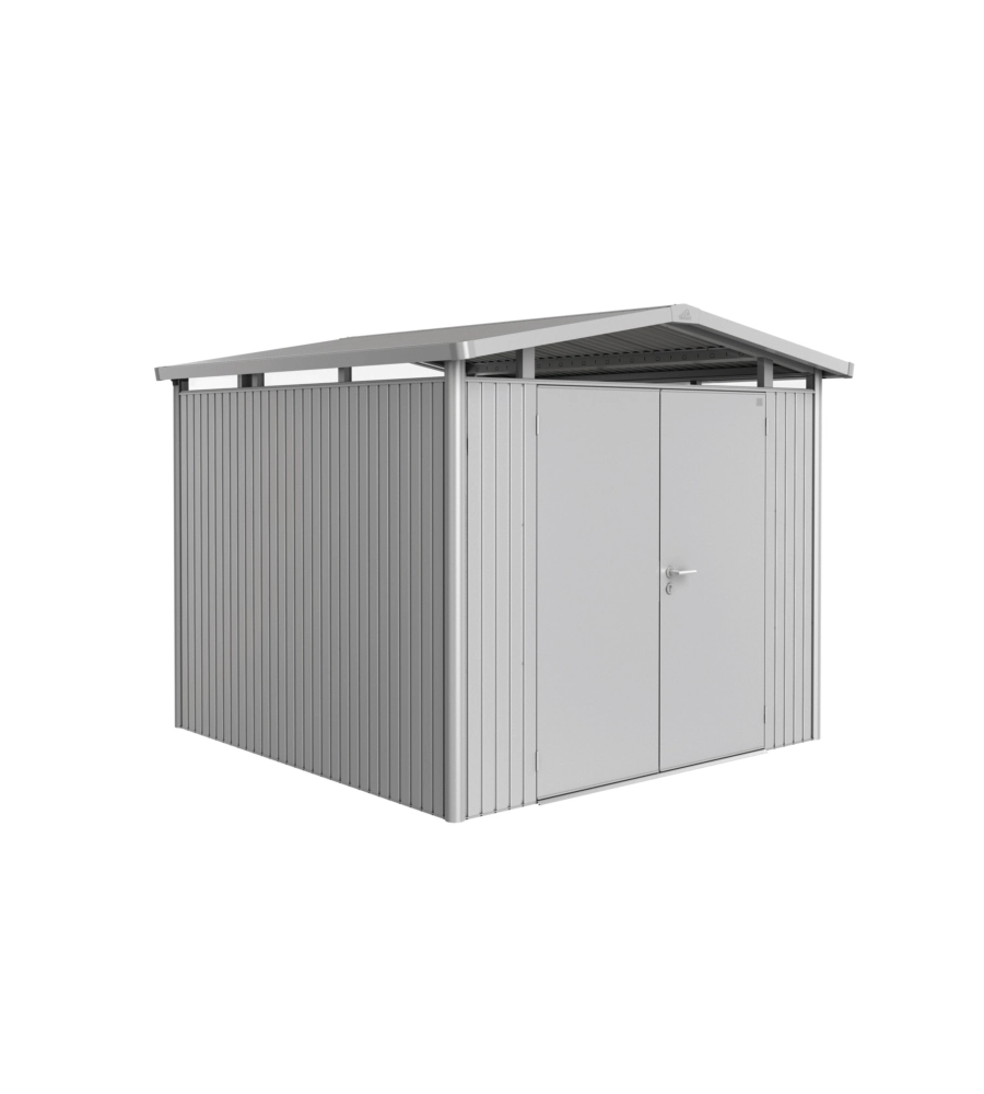 CASETTA DA GIARDINO BIOHORT "PANORAMA P4" IN ACCIAIO ZINCATO COLORE ARGENTO METALLIZZATO CON PORTA BATTENTE DOPPIO 273X278X227 CM - COD. 13059