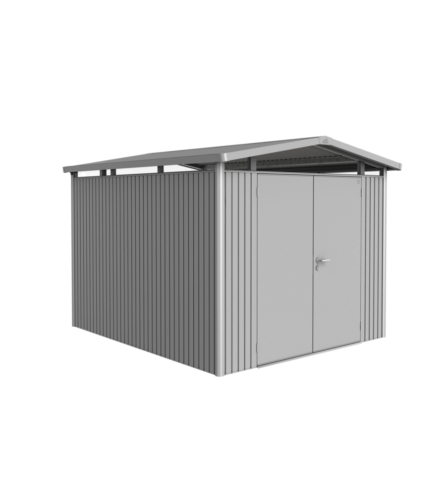 CASETTA DA GIARDINO BIOHORT "PANORAMA P5" IN ACCIAIO ZINCATO COLORE ARGENTO METALLIZZATO CON PORTA BATTENTE DOPPIO 273X318X227 CM - COD. 13069