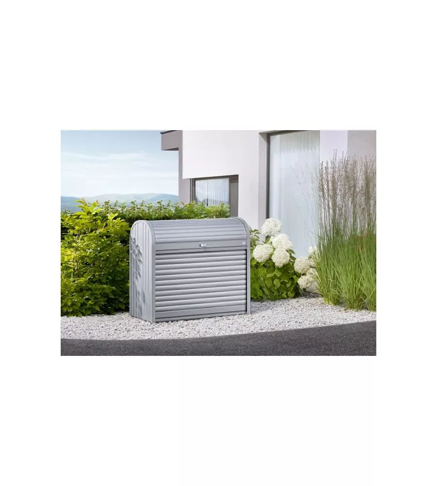 BAULE DA ESTERNO A SERRANDE IMPERMEABILE BIOHORT "STOREMAX 120" IN ACCIAIO ZINCATO ARGENTO METALLIZZATO 740 LT 117X73X109 CM - COD. 72060