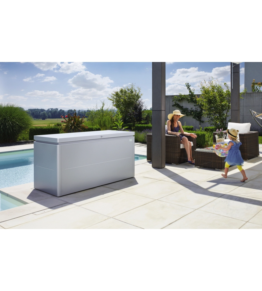 BAULE DA ESTERNO IMPERMEABILE BIOHORT "LOUNGEBOX 160" IN ACCIAIO ZINCATO ARGENTO METALLIZZATO 850 LT 160X70X83,5 CM - COD. 64065