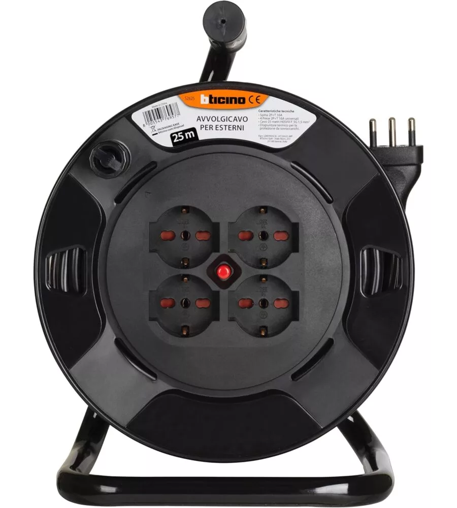 AVVOLGICAVO PER INTERNI ED ESTERNI BTICINO CON MANIGLIA E 4 PRESE, 25 METRI