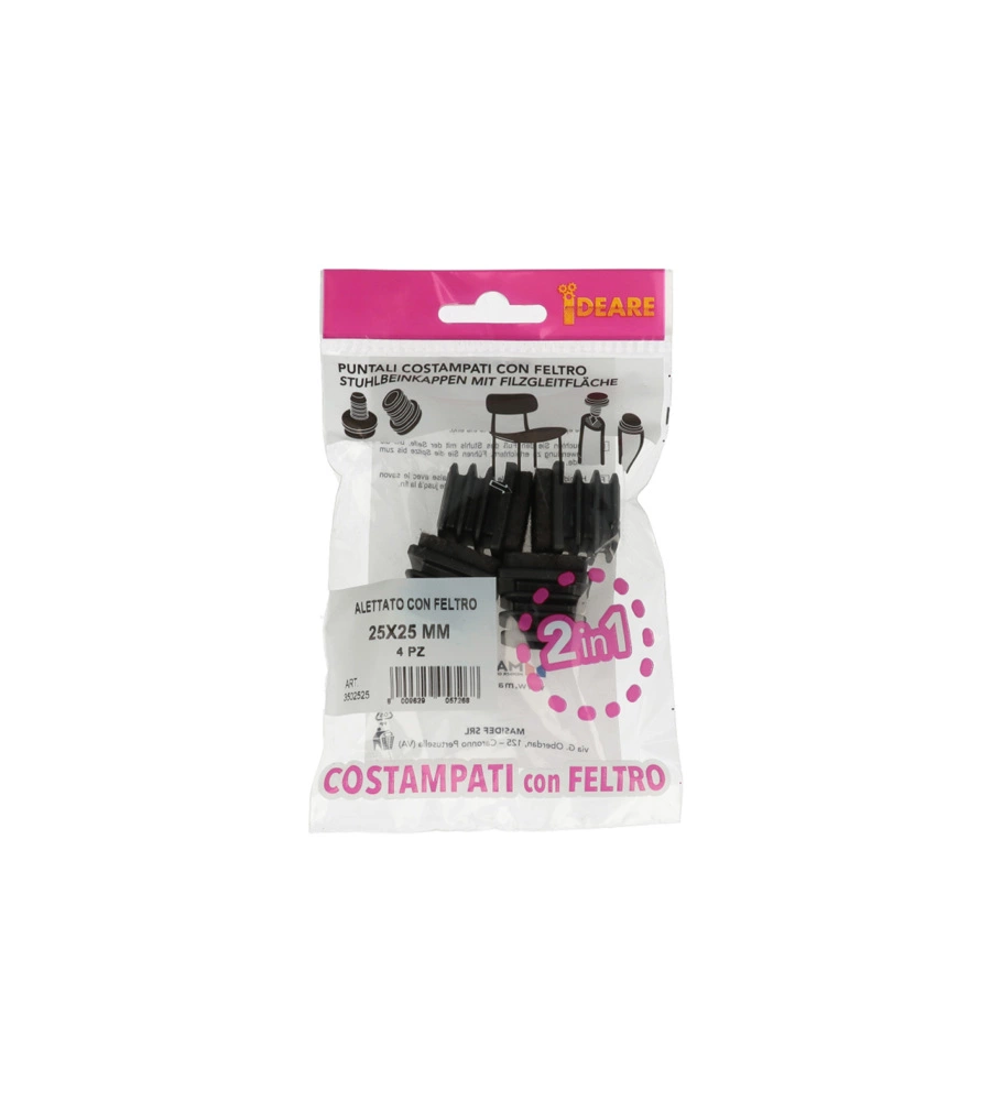 PUNTALI INTERNI ALETTATI QUADRI NERI CON FELTRO 25 X 25 MM. 4 PZ.