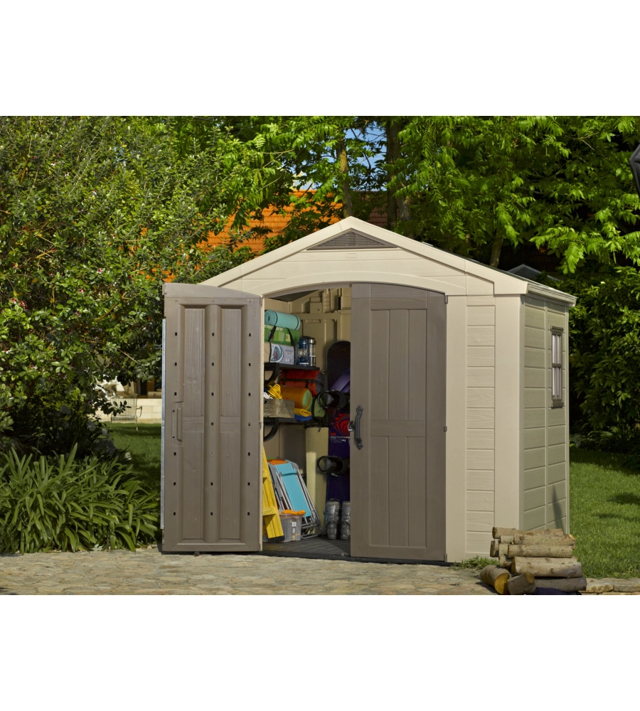 CASETTA DA GIARDINO KETER "FACTOR 8x6" IN RESINA COLORE BEIGE CON PORTA BATTENTE DOPPIA 256,5X182X243 CM
