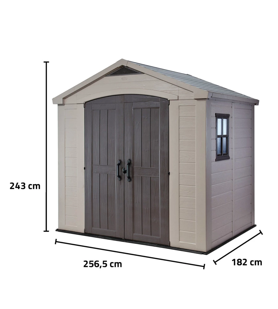CASETTA DA GIARDINO KETER "FACTOR 8x6" IN RESINA COLORE BEIGE CON PORTA BATTENTE DOPPIA 256,5X182X243 CM