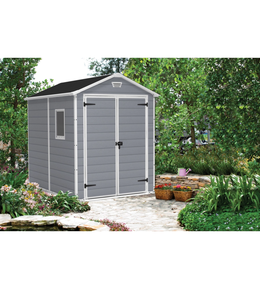 CASETTA DA GIARDINO KETER "MANOR 6x8" IN RESINA COLORE GRIGIO CON PORTA BATTENTE DOPPIA 185,8X236,8X227 CM