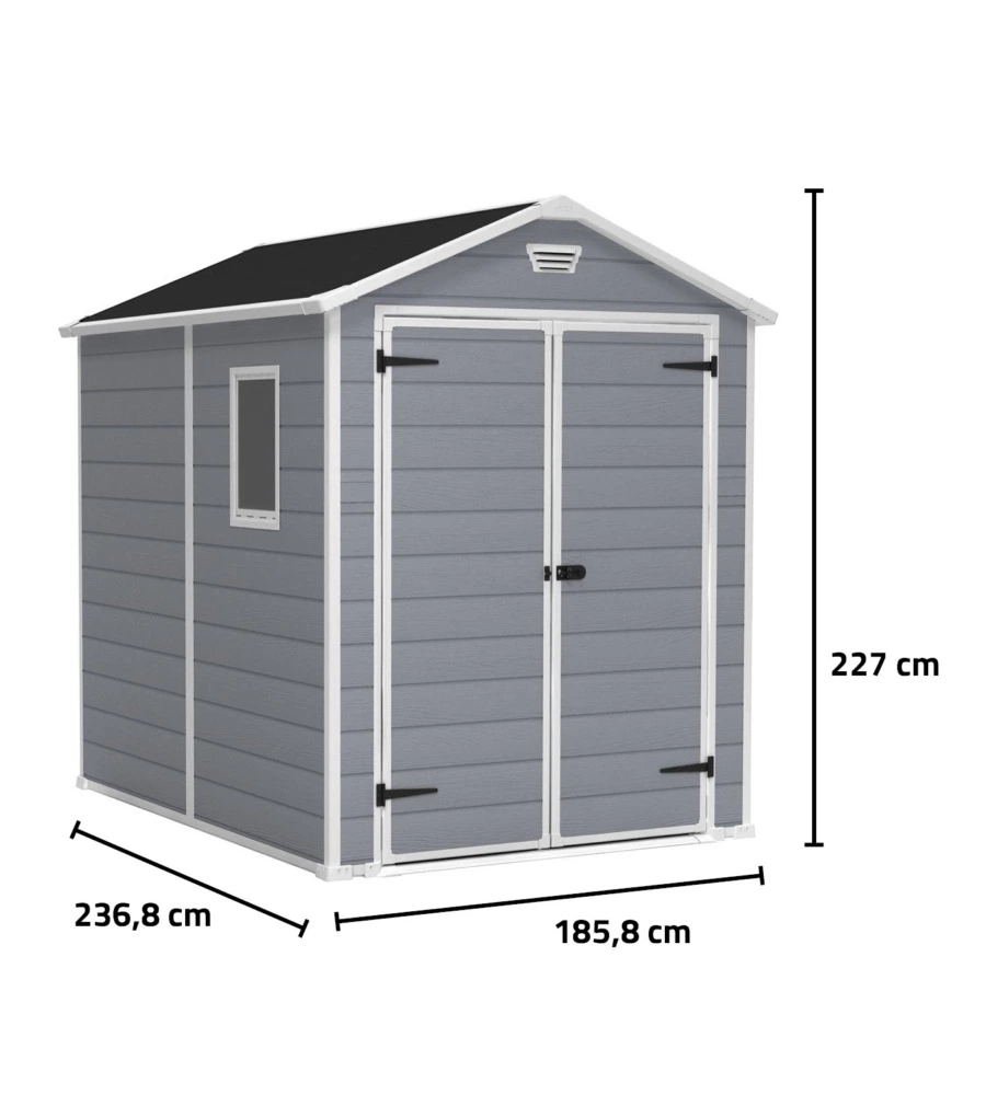 CASETTA DA GIARDINO KETER "MANOR 6x8" IN RESINA COLORE GRIGIO CON PORTA BATTENTE DOPPIA 185,8X236,8X227 CM