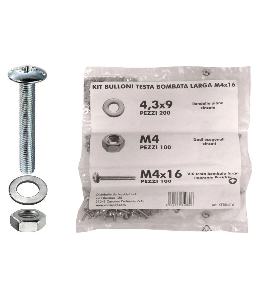 KIT VITI TESTA BOMBATA LARGA Ø 4 X 16 + DADI + RONDELLE - 400 PZ.