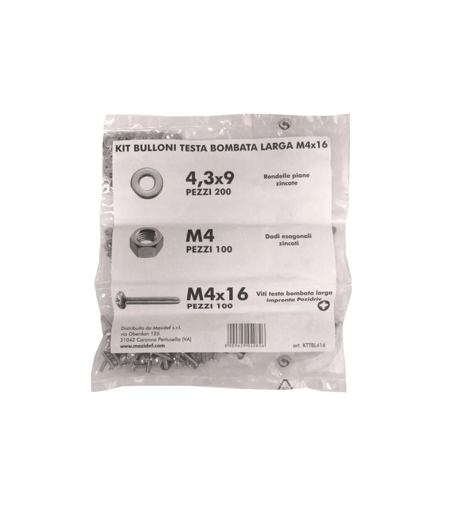 KIT VITI TESTA BOMBATA LARGA Ø 4 X 16 + DADI + RONDELLE - 400 PZ.
