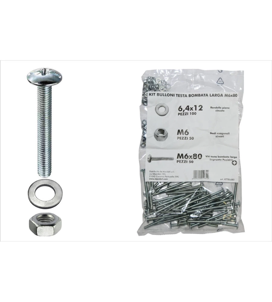 KIT VITI TESTA BOMBATA LARGA Ø 6 X 80 + DADI + RONDELLE - 200 PZ.