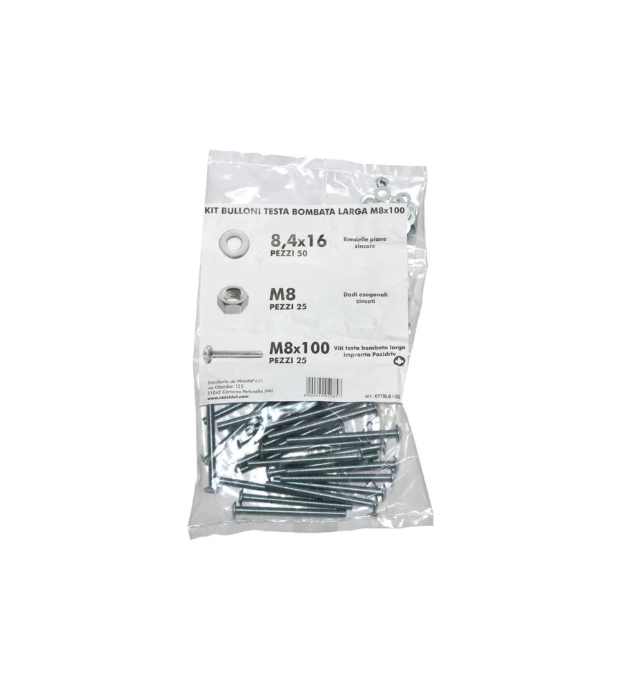 KIT VITI TESTA BOMBATA LARGA Ø 8 X 100 + DADI + RONDELLE - 100 PZ.