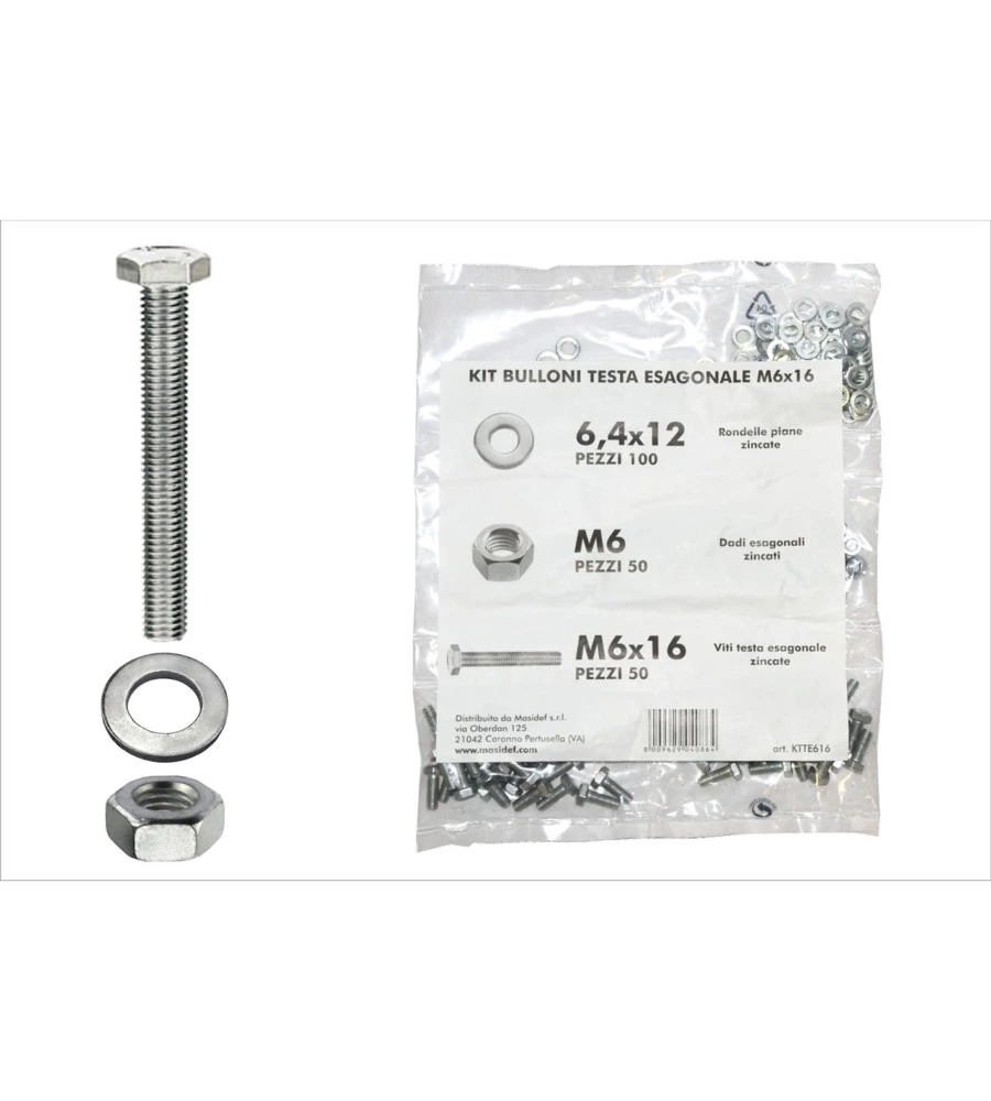KIT VITI TESTA ESAGONALE M6 X 16 + DADI + RONDELLE - 200 PZ.