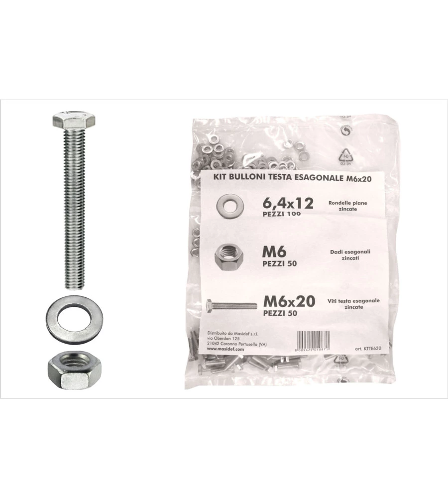 KIT VITI TESTA ESAGONALE M6 X 20 + DADI + RONDELLE - 200 PZ.