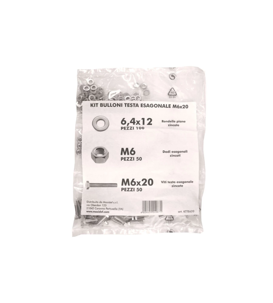 KIT VITI TESTA ESAGONALE M6 X 20 + DADI + RONDELLE - 200 PZ.