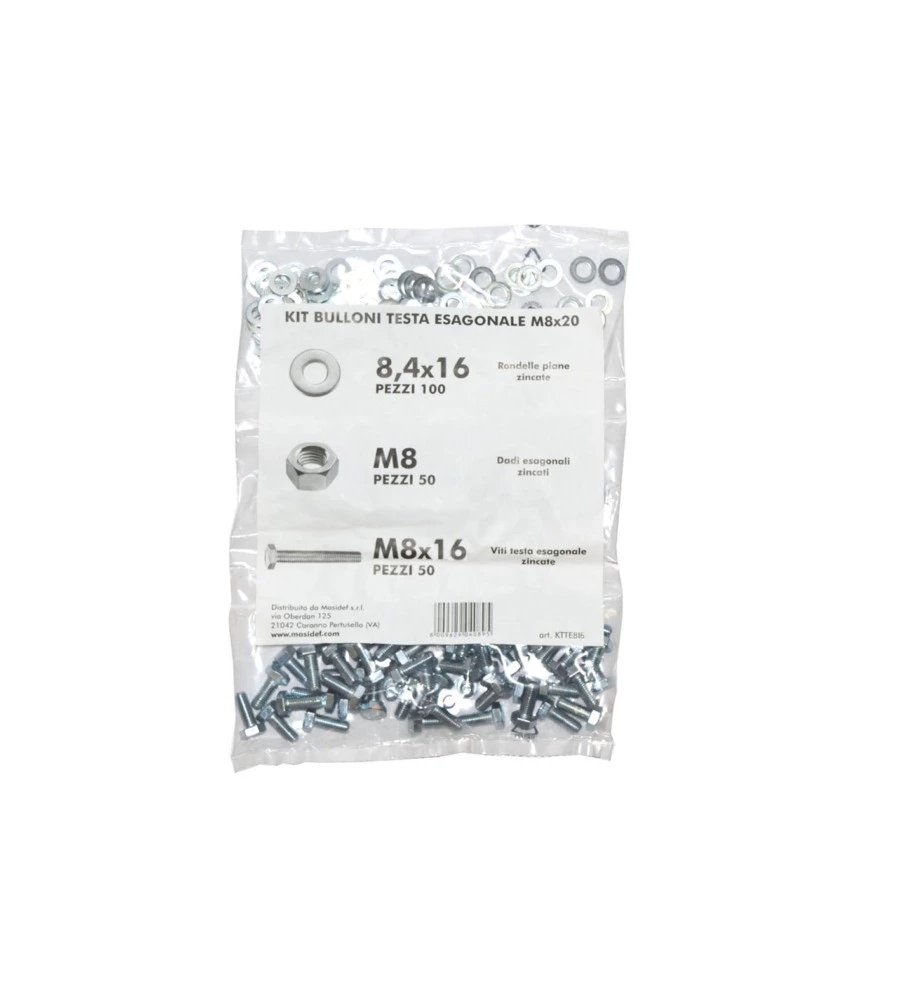 KIT VITI TESTA ESAGONALE M8 X 16 + DADI + RONDELLE - 200 PZ.
