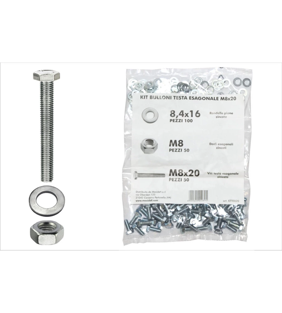 KIT VITI TESTA ESAGONALE M8 X 20 + DADI + RONDELLE - 200 PZ.