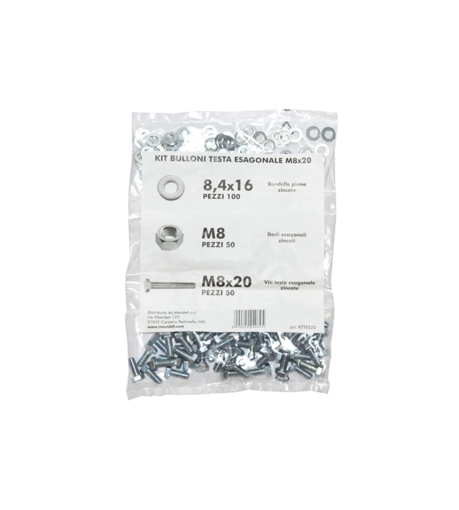KIT VITI TESTA ESAGONALE M8 X 20 + DADI + RONDELLE - 200 PZ.