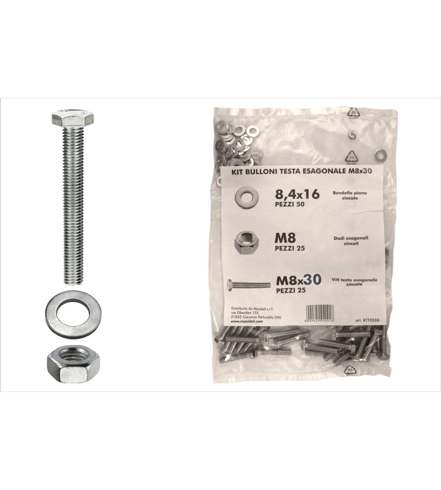 KIT VITI TESTA ESAGONALE M8 X 30 + DADI + RONDELLE - 200 PZ.