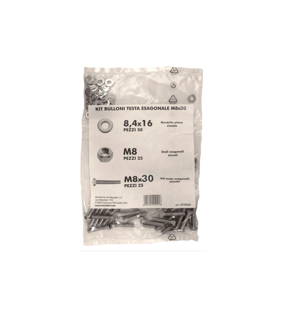 KIT VITI TESTA ESAGONALE M8 X 30 + DADI + RONDELLE - 200 PZ.