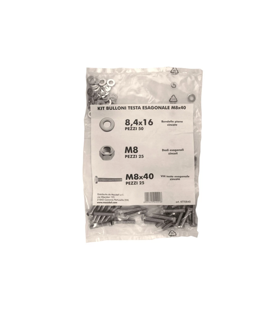 KIT VITI TESTA ESAGONALE M8 X 40 + DADI + RONDELLE - 100 PZ.
