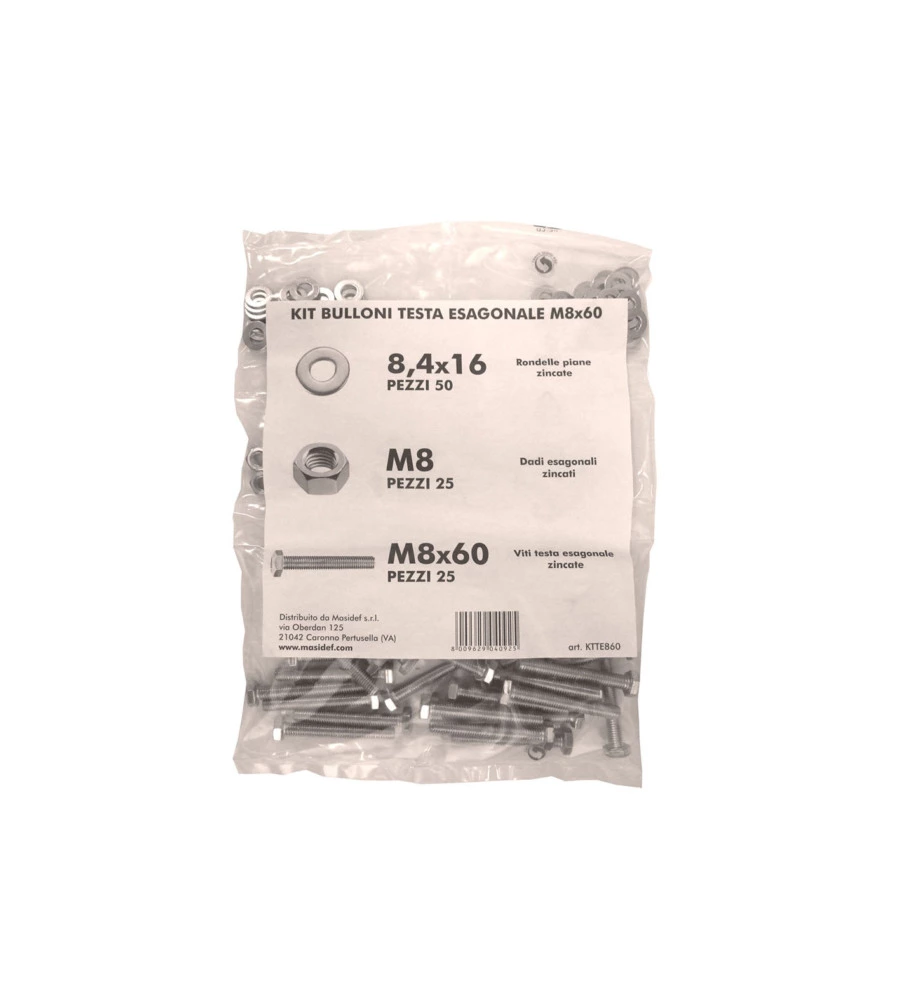 KIT VITI TESTA ESAGONALE M8 X 60 + DADI + RONDELLE - 100 PZ.