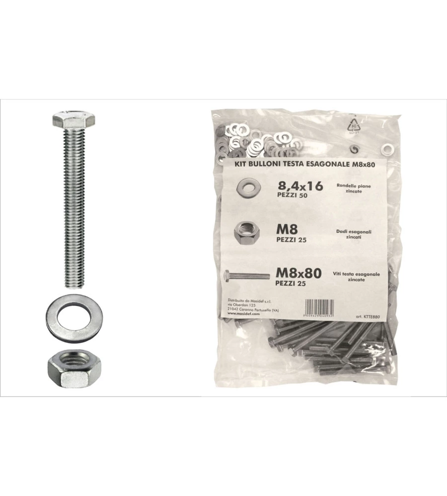 KIT VITI TESTA ESAGONALE M8 X 80 + DADI + RONDELLE - 100 PZ.